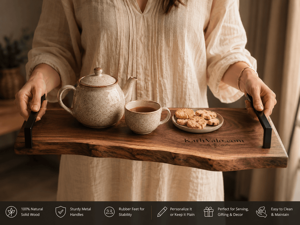 Live edge wooden serving tray showing natural wood grain