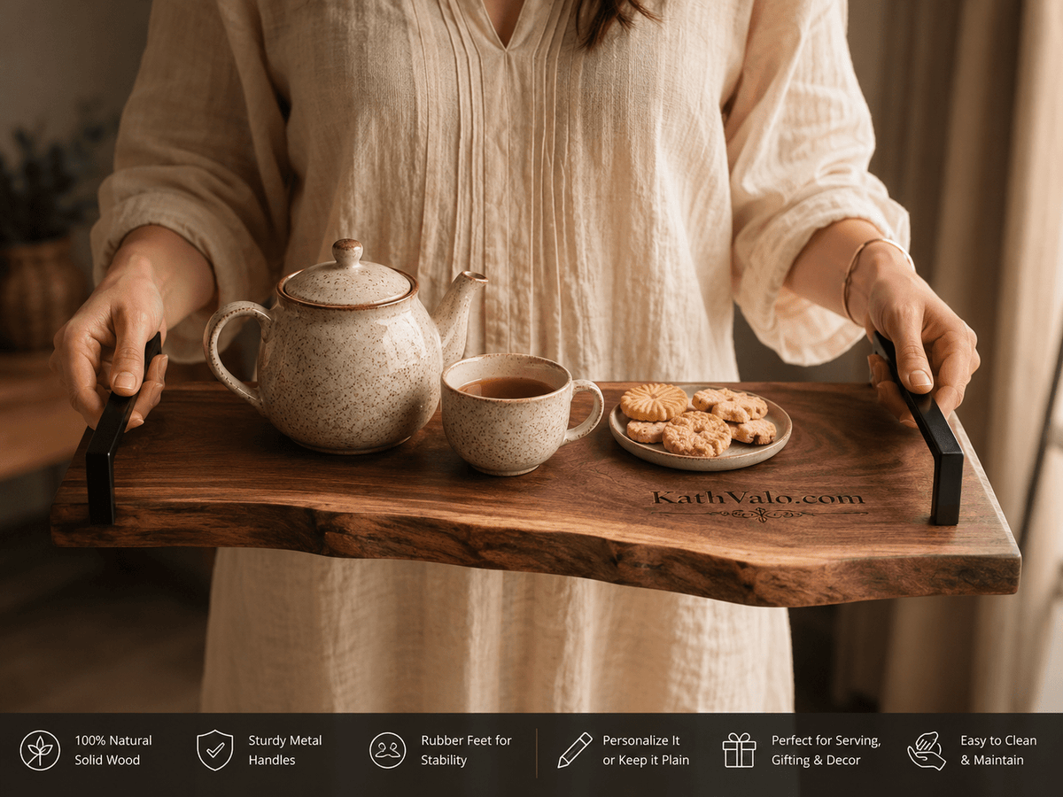 Live edge wooden serving tray showing natural wood grain
