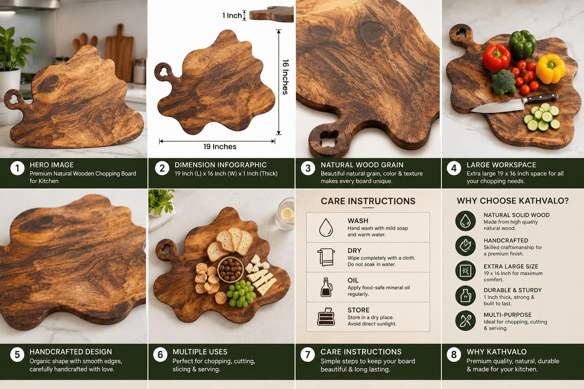 KathValo Premium Babla Wood Chopping Board for Kitchen | Extra Large 19 × 16 Inch | 1 Inch Thick | Handmade Cutting & Serving Board - KathValo