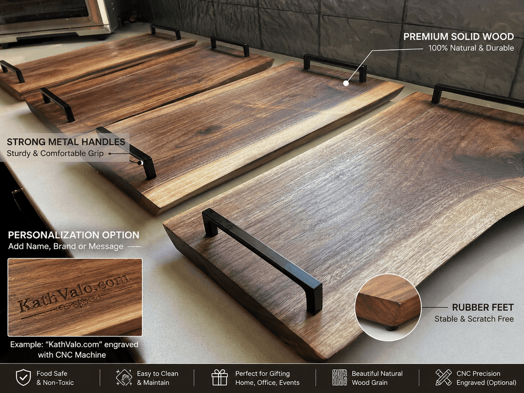 Solid wood serving tray with sturdy wooden handles