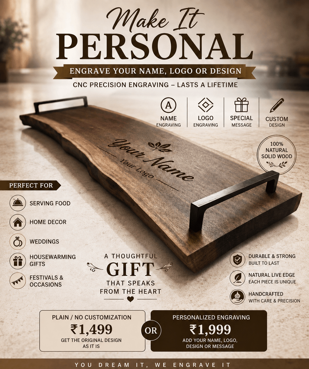 KathValo premium live edge solid wood serving tray with handles