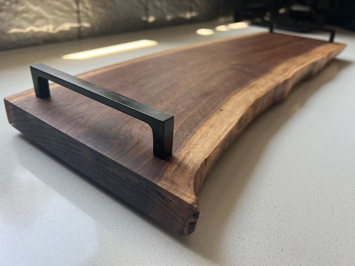 Premium live edge solid wood serving tray with handles