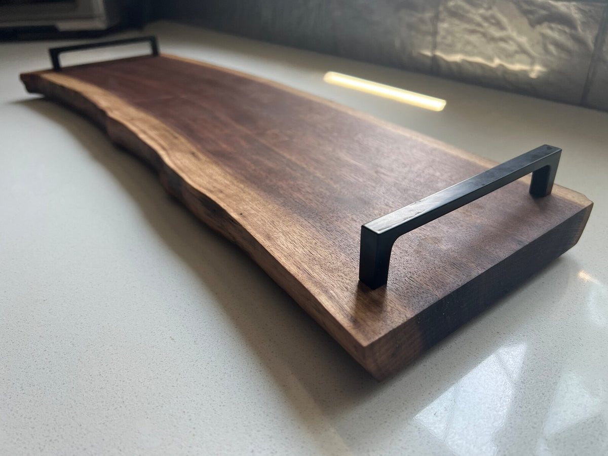 Wooden serving tray with handles for food and snacks