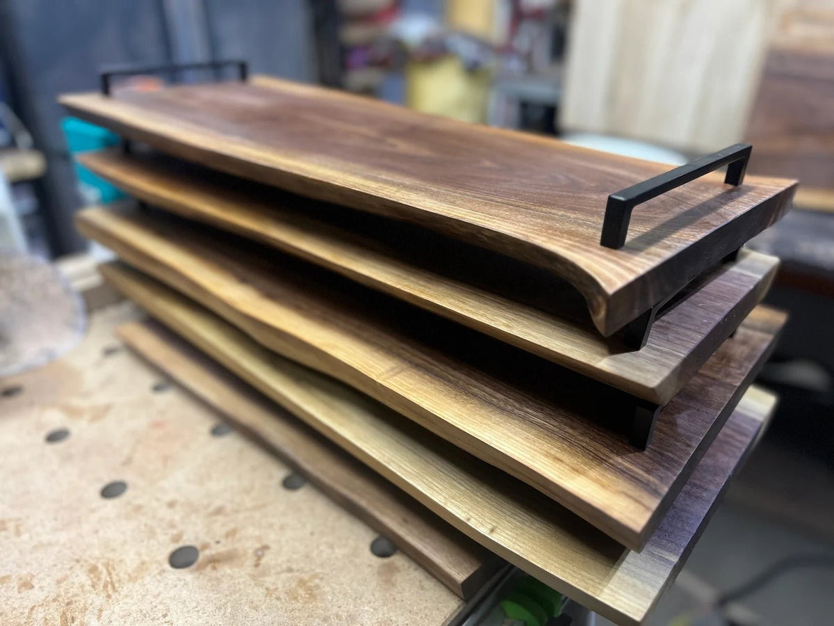 Large solid wood serving tray with handles and natural edge