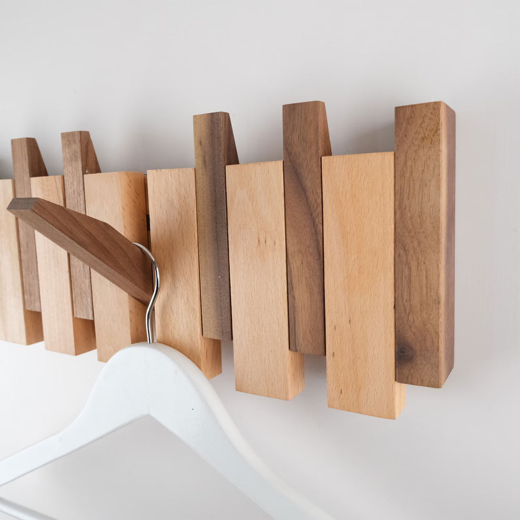 Handcrafted solid wood wall organizer with hooks