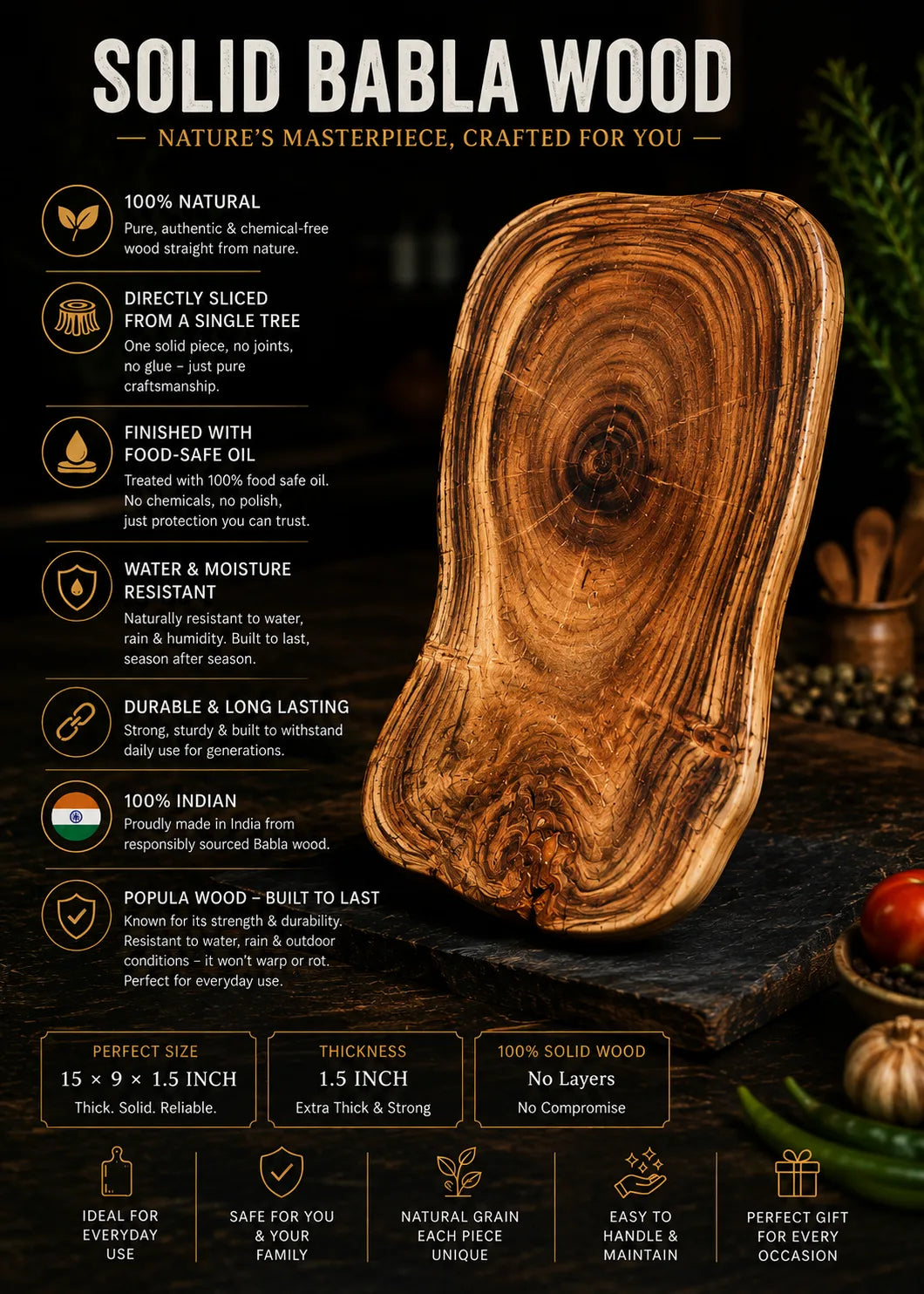 15 x 9 Inch Babla Wood Cutting Board for Kitchen Use